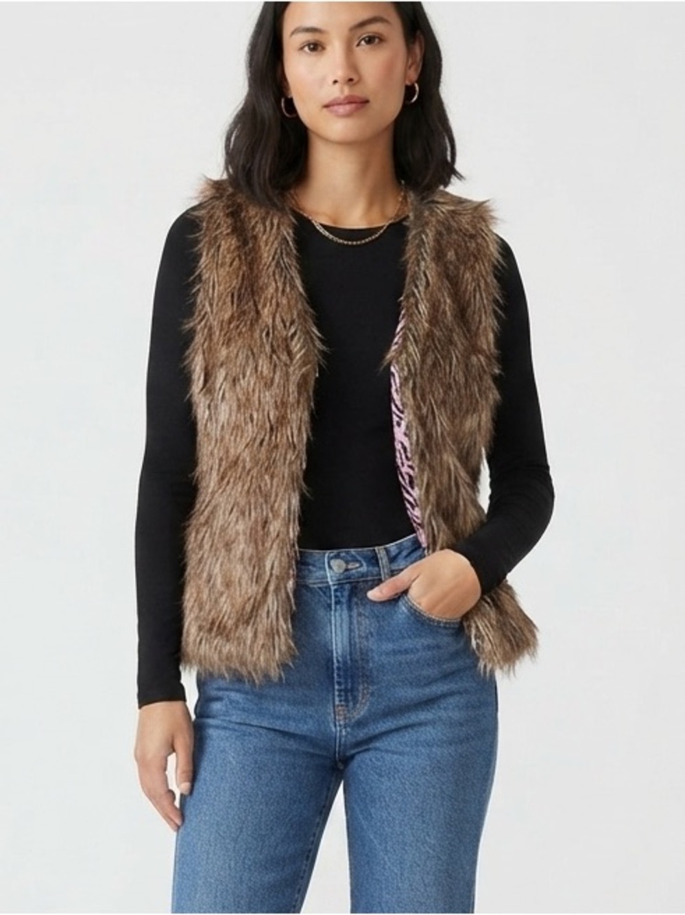 Dollhouse Women's Faux Fur Vest Brown Sleeveless Animal Print Lining Size S Boho